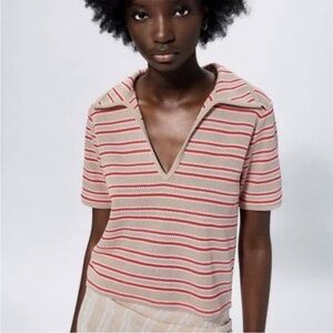 Zara Knit Cropped Stripped Collar V-neck Top